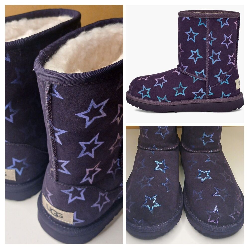 UGG Kids Boots Sz 5 Ugg Classic II Mini Suede Purple Iridescent Stars $140 NEW